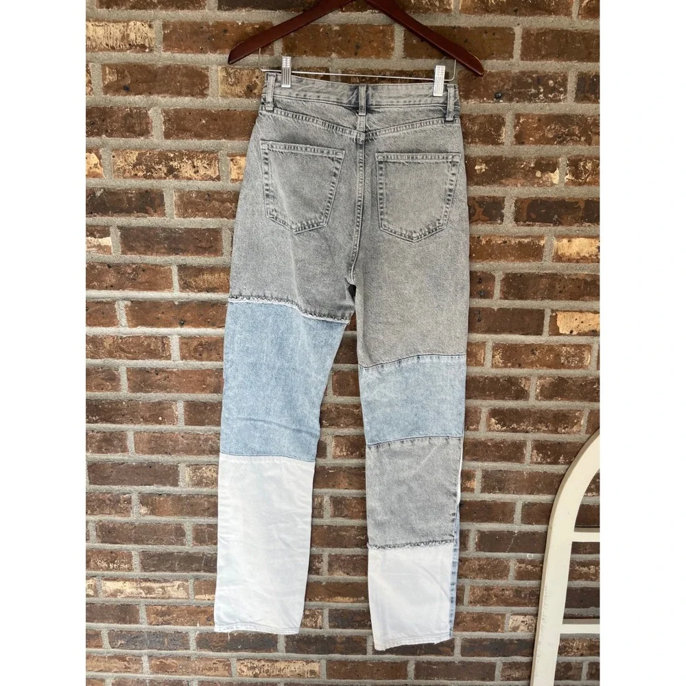 ASOS Bershka High Waist Patchwork Denim Straight Jeans